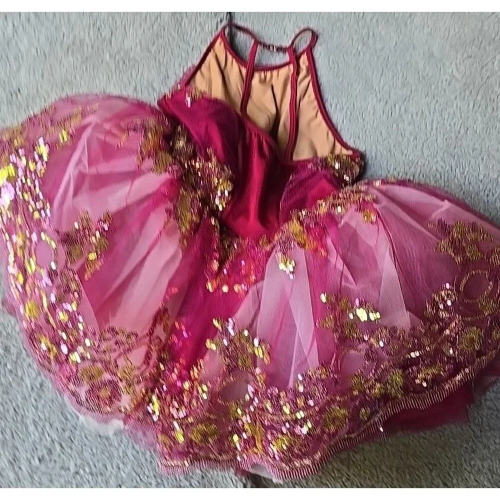 Ballet Dance Fairy Costume Revolution Fucia Maroon Large Child Gold Pink Sequens